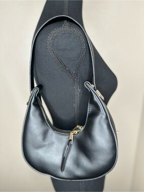 Black Vegan Leather Shoulder Bag with Gold Hardware